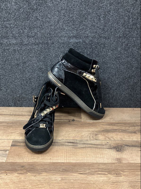 Michael Kors Studded Strap Side Zip Black Gold High Top Sneakers Size 9M