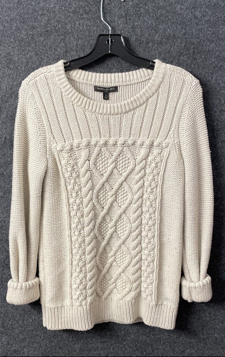 Banana Republic Women's Off-White Cable Knit Crewneck Pullover Sweater Sz S