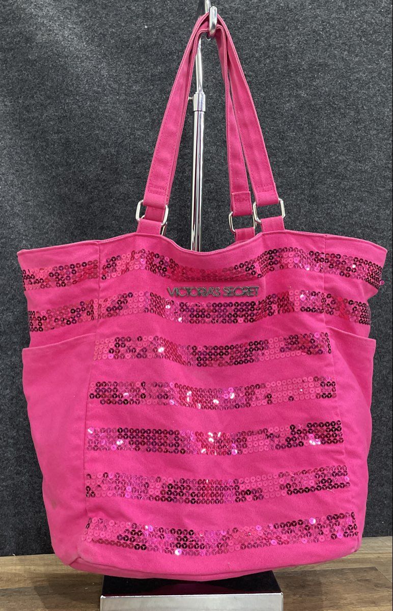 Victoria's Secret Pink Canvas Sequin Stripe Tote Bag Large Silver Hardware