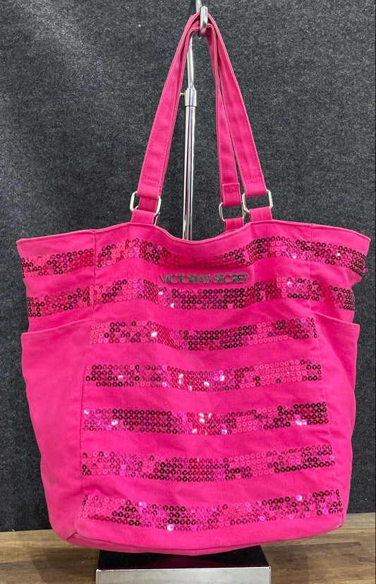 Victoria's Secret Pink Canvas Sequin Stripe Tote Bag Large Silver Hardware