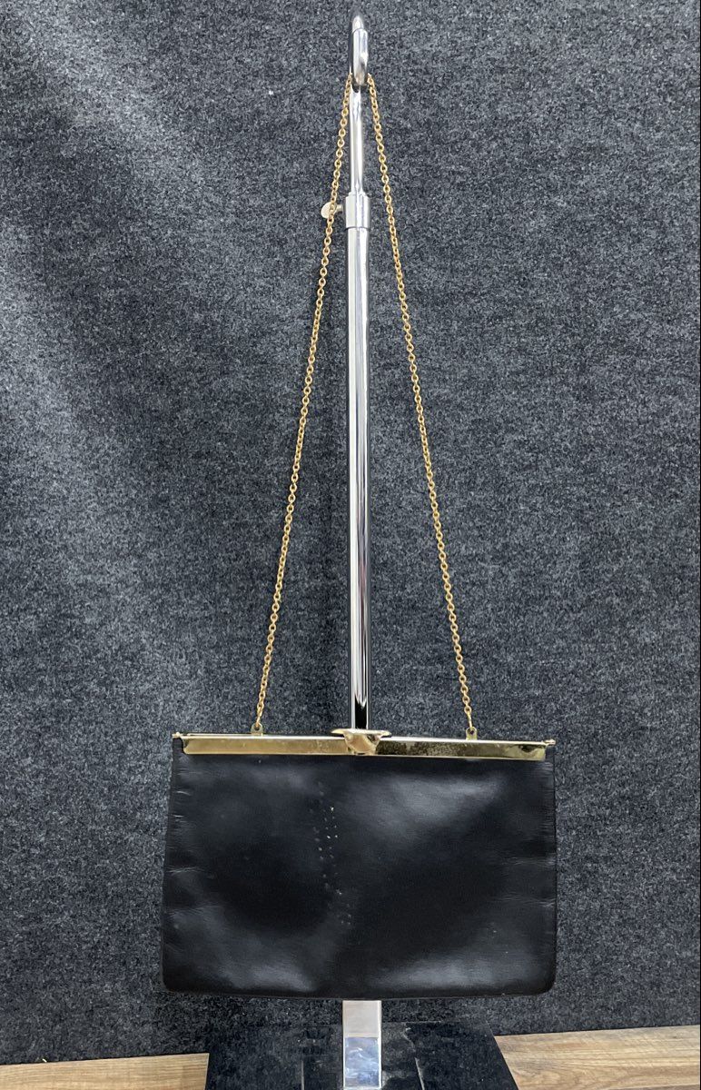 Vintage 1960s Etra Black Leather Slim Frame Clutch Shoulder Bag Gold Chain