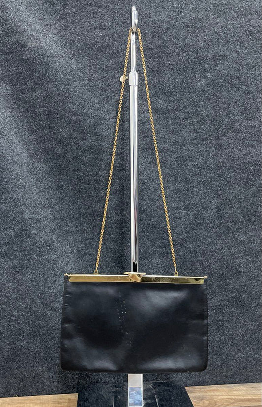 Vintage 1960s Etra Black Leather Slim Frame Clutch Shoulder Bag Gold Chain