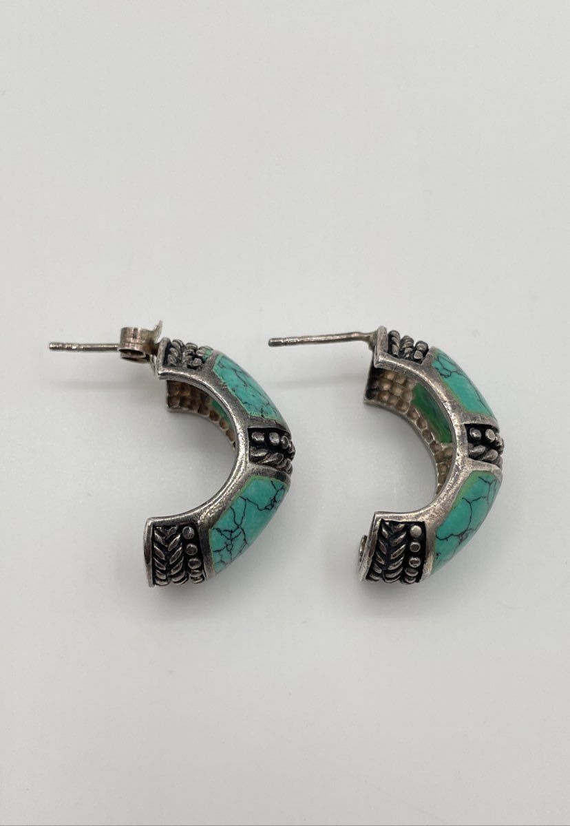 925 Sterling Silver Faux Turquoise Inlay Half-Hoop Earrings 10.5g