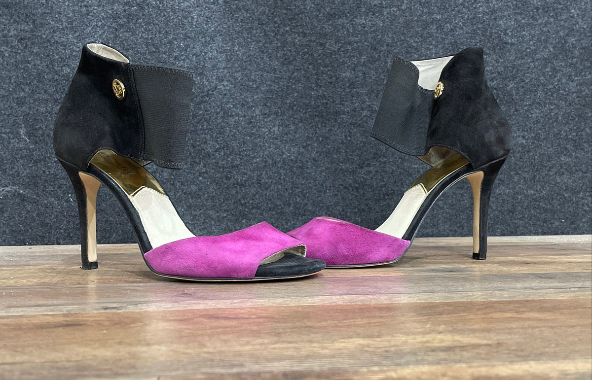 Michael Kors Suede Ankle Wrap Black Purple Stiletto Heels Women's Size 8M