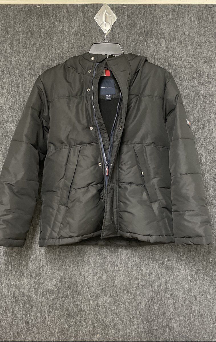 Tommy Hilfiger Boys Black Hooded Puffer Jacket Insulated Full Zip Sz M (10/12)