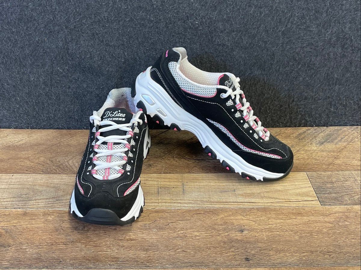 Skechers D'Lites Biggest Fan Black White Pink Walking Sneakers Women's Size 7