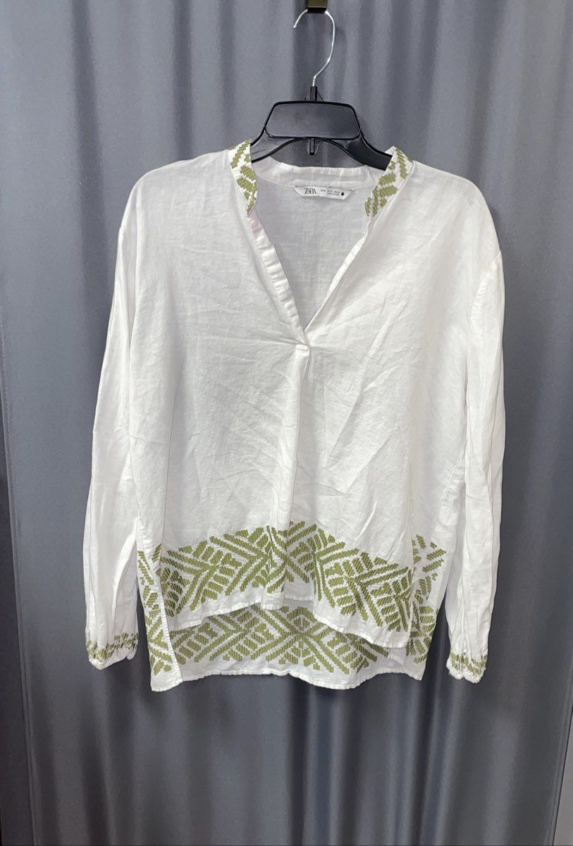 Zara Women's White Green Geometric Embroidered V-Neck Blouse Tunic Sz M