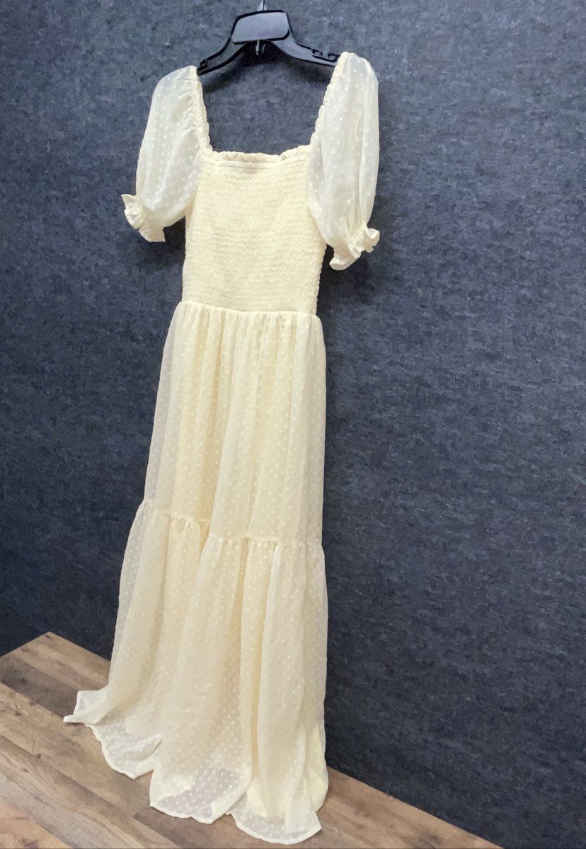 Patrons of Peace Women's Yellow Swiss Dot Smocked Puff Sleeve Maxi Dress Sz S