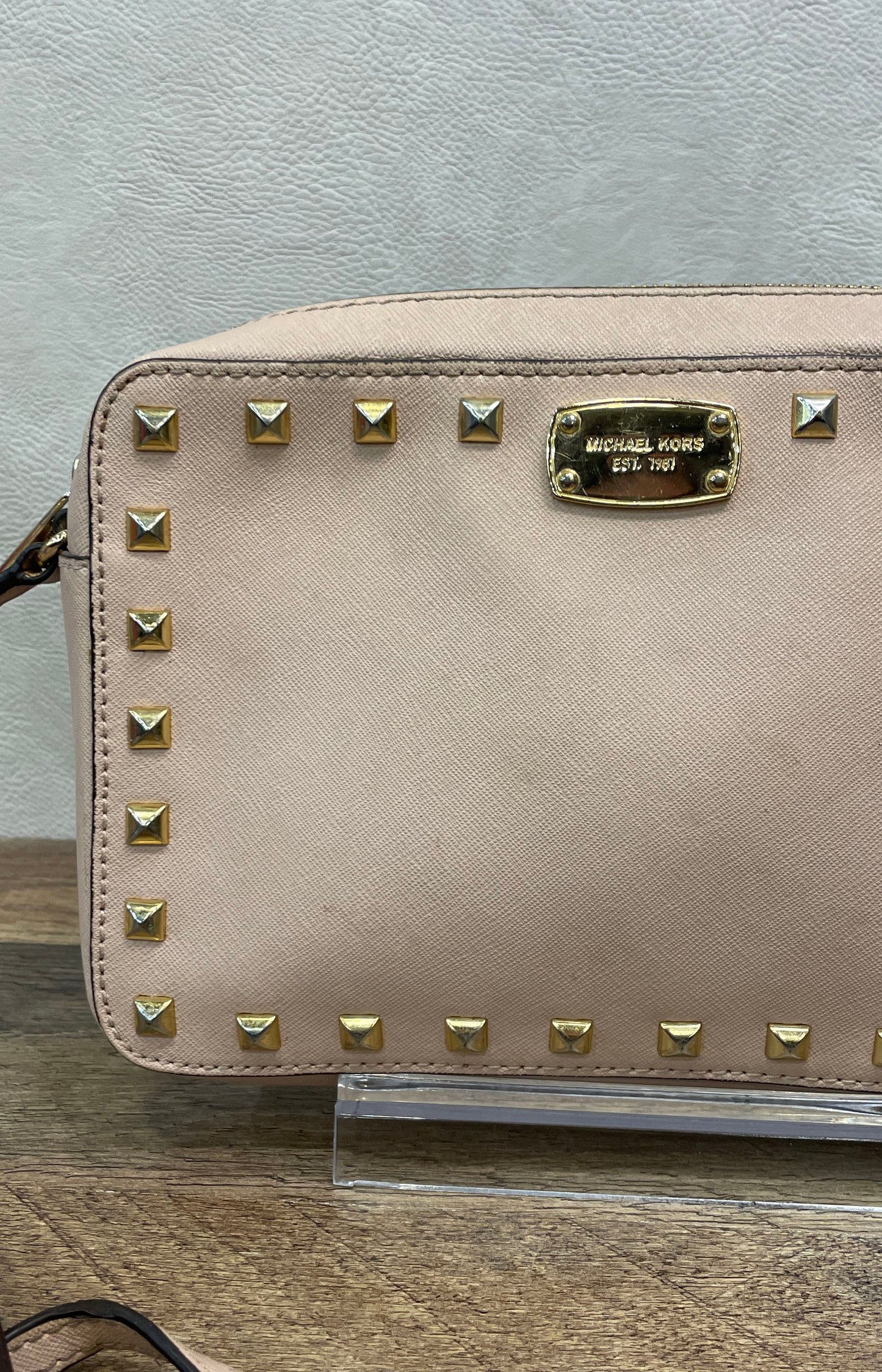 Michael Kors Blush Pink Studded Saffiano Leather Jet Set Crossbody Bag Gold