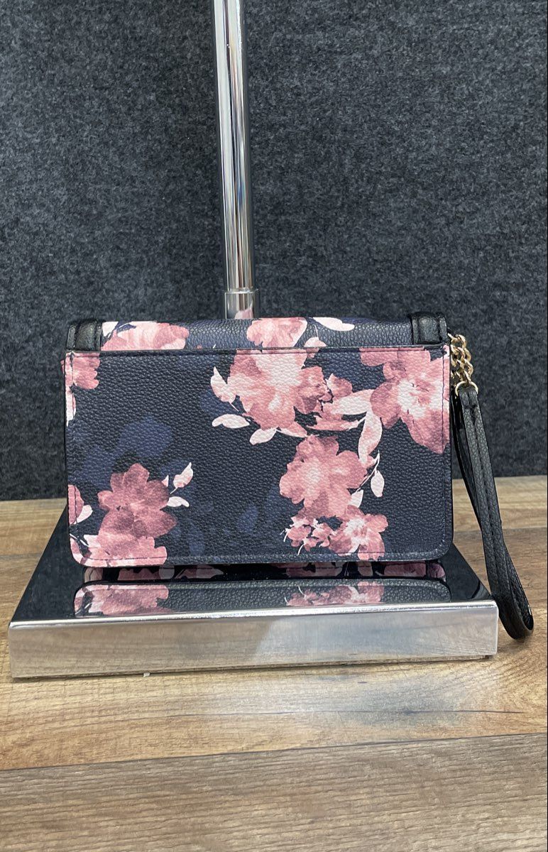 Victoria's Secret Black Pink Floral Leather Wristlet Wallet Clutch V Logo