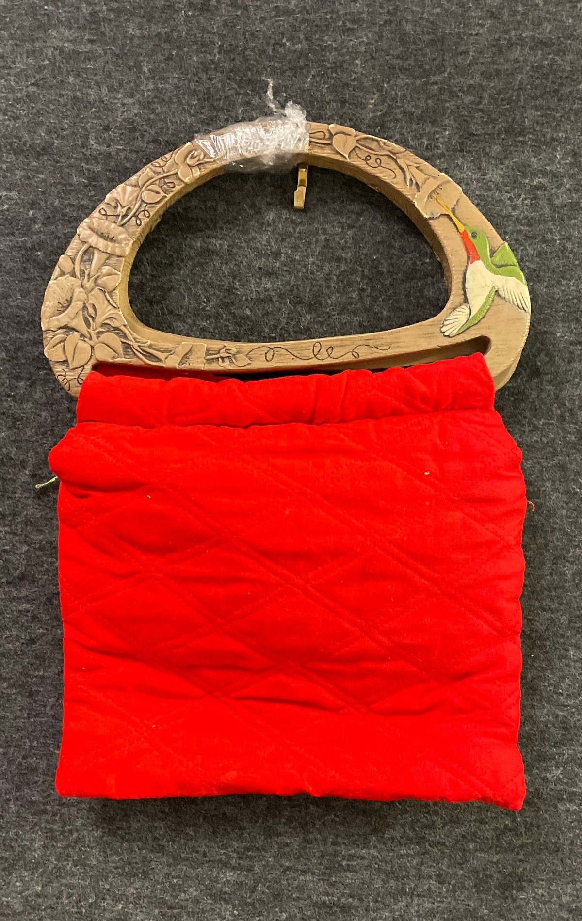 Vintage 1970s Red Quilted Handbag Carved Hummingbird Floral Wood Handle