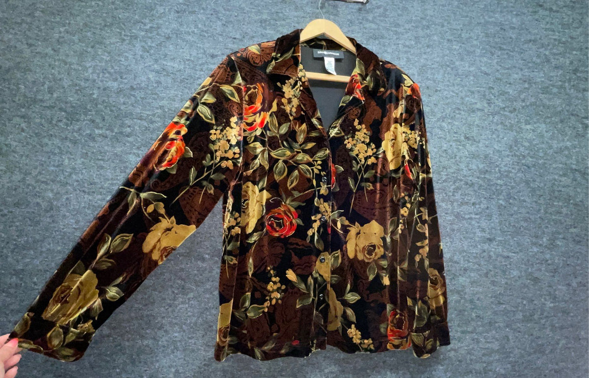 Vintage 90s Jones & Co Women's Floral Velvet Button Up Blouse Gold Sz L
