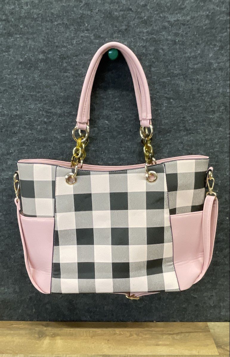 Mia K. Collection Pink Black Buffalo Check Gingham Tote Bag and Wallet Set