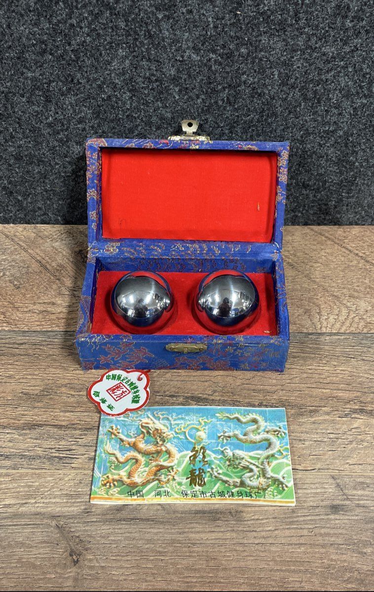 Vintage Chinese Baoding Health Balls Metal Chime Dragon Brocade Box Complete