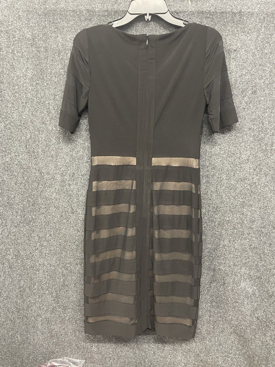 Adrianna Papell Women's Black Tan Banded Mesh Stripe Sheath Dress Sz 2