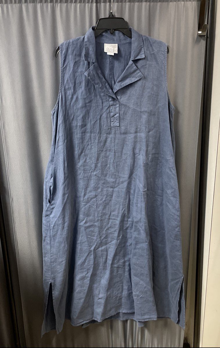 La Fixsun Women's Blue Sleeveless Linen Midi Dress Pockets Side Slits Sz S