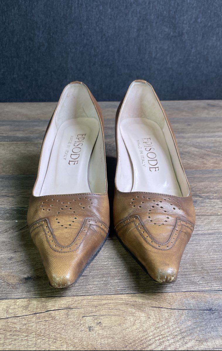 Vintage Y2K Episode Brown Leather Brogue Pointed Toe Kitten Heels Italy Sz 36.5