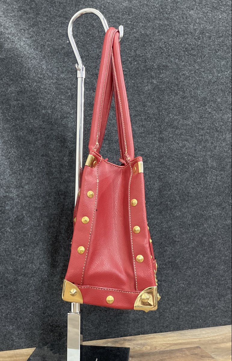 Red Leather Purse Studded Gold Tone Satchel Handbag Tote Vintage Style Bag