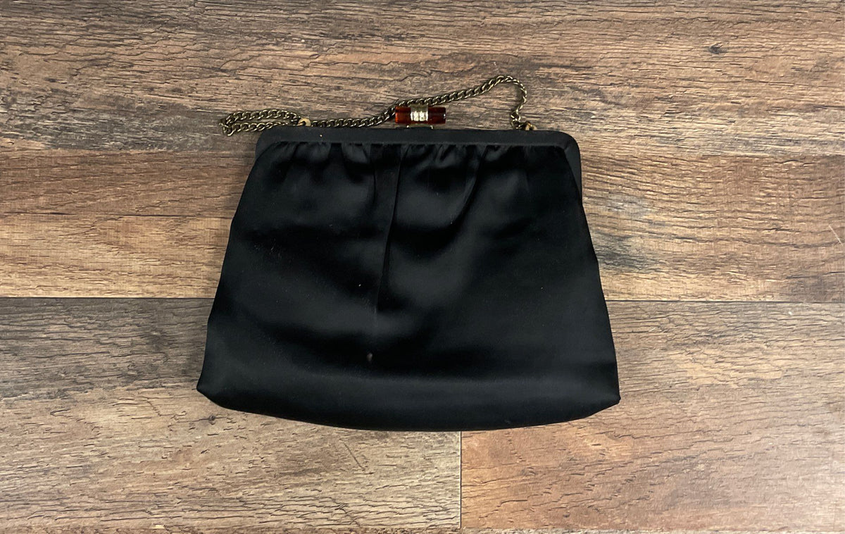 Vintage Ande Black Satin Evening Bag Clutch Gold Chain Amber Clasp Mirror