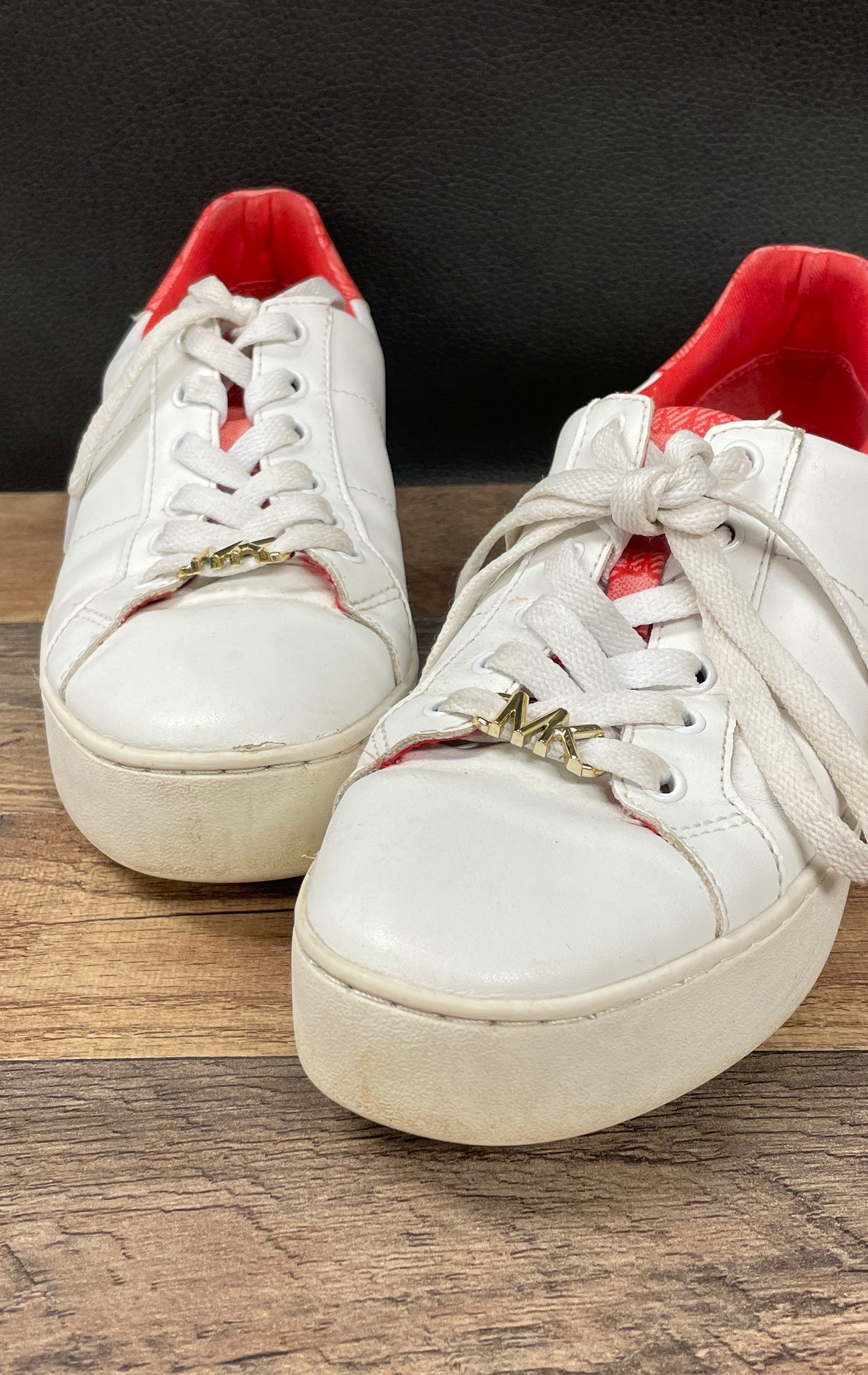 Michael Kors Irving Lace Up White Red Monogram Logo Platform Sneakers Size 7.5