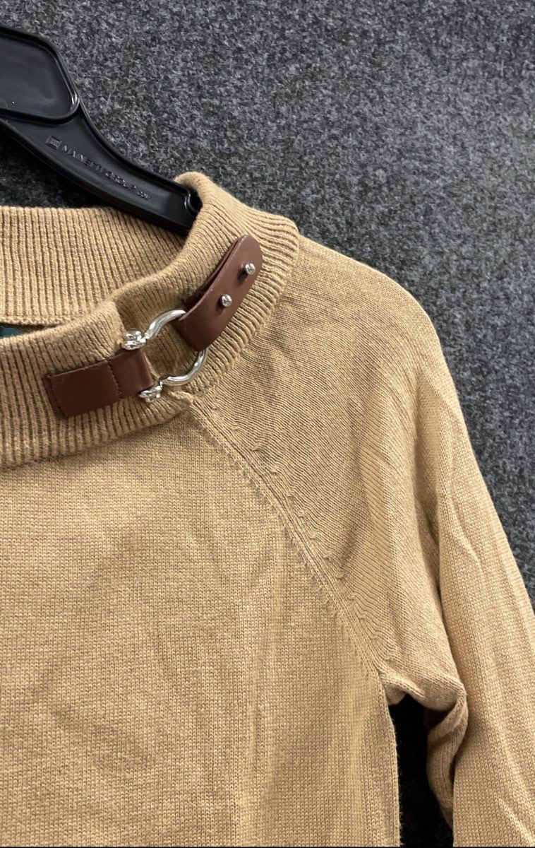 Lauren Ralph Lauren Women's Camel Brown Leather Buckle Neck Cotton Sweater Sz S