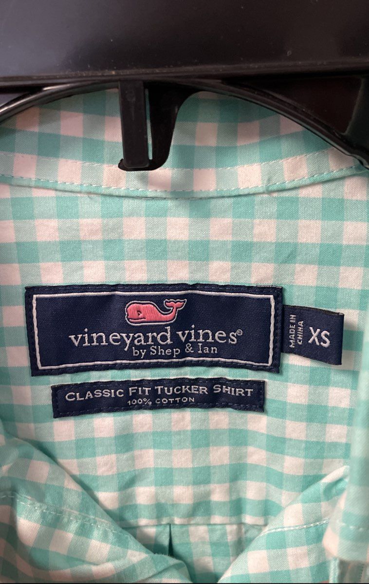 Vineyard Vines Men's Aqua White Gingham Classic Fit Tucker Shirt Sz XS