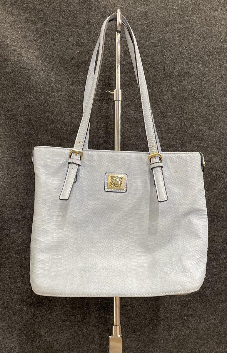 Anne Klein Light Blue Snakeskin Embossed Leather Tote Bag Gold Tone Hardware