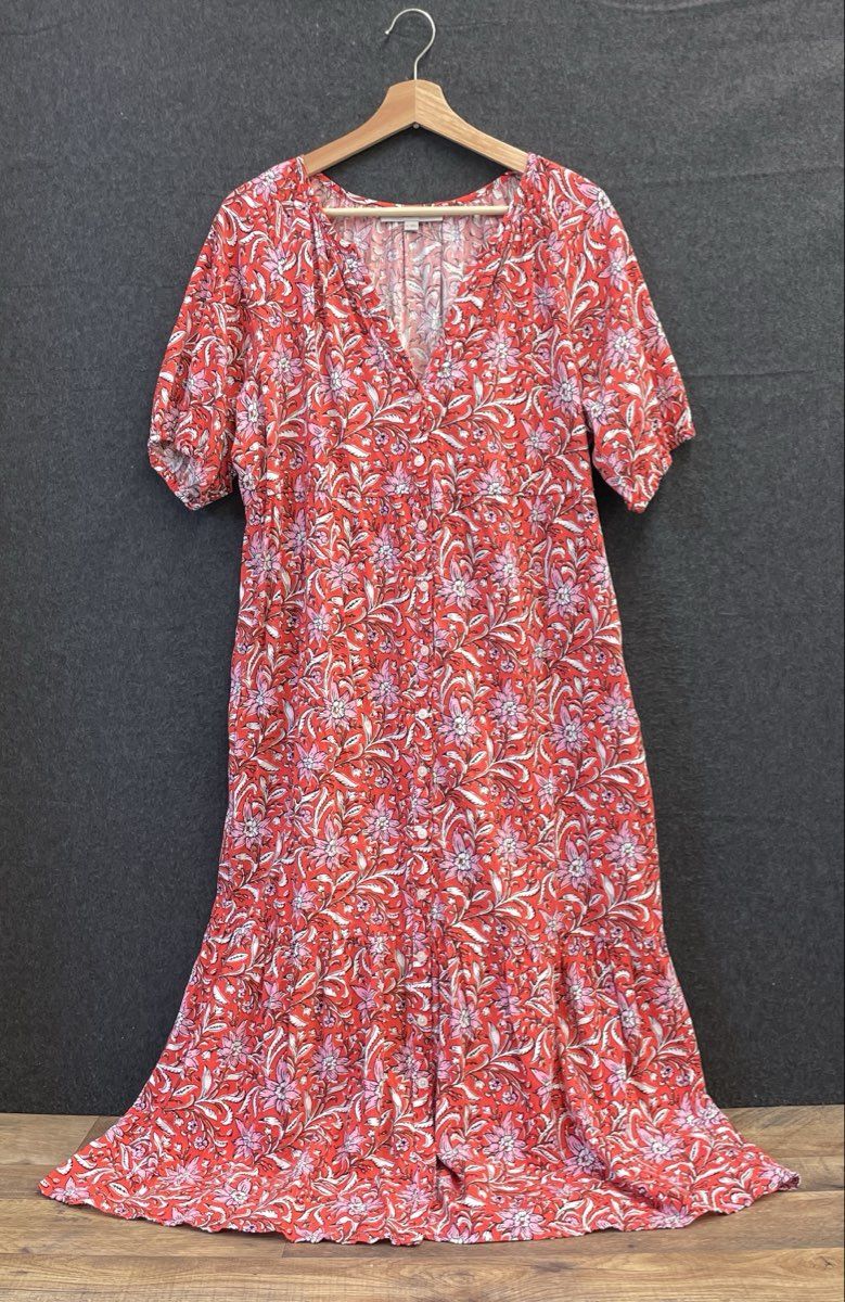 LOFT Women's Red Floral Button Up Tiered Ruffled Hem Midi Dress Sz L