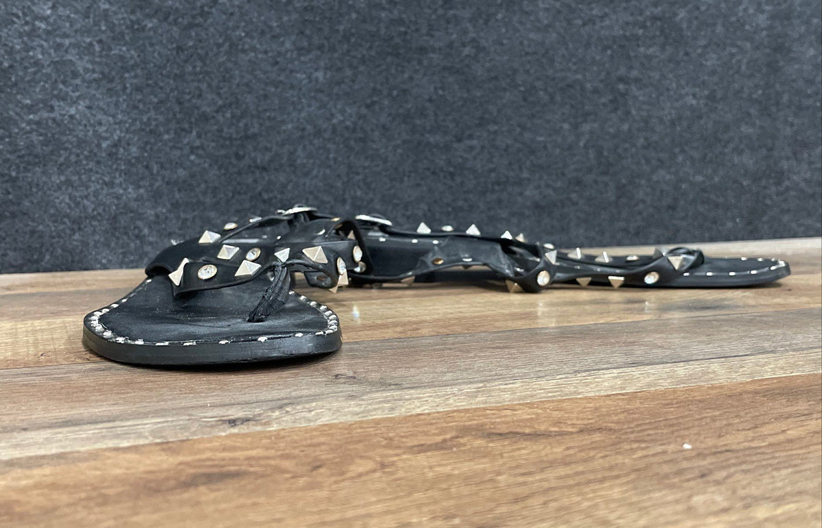 Bata Black Studded Rhinestone Thong Sandals Ankle Strap Slides Size 40
