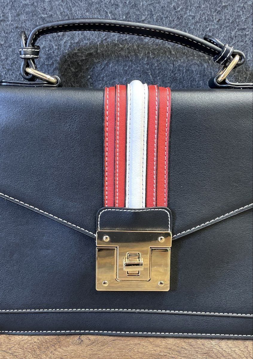 Scarleton Black Faux Leather Red White Stripe Top Handle Satchel Bag