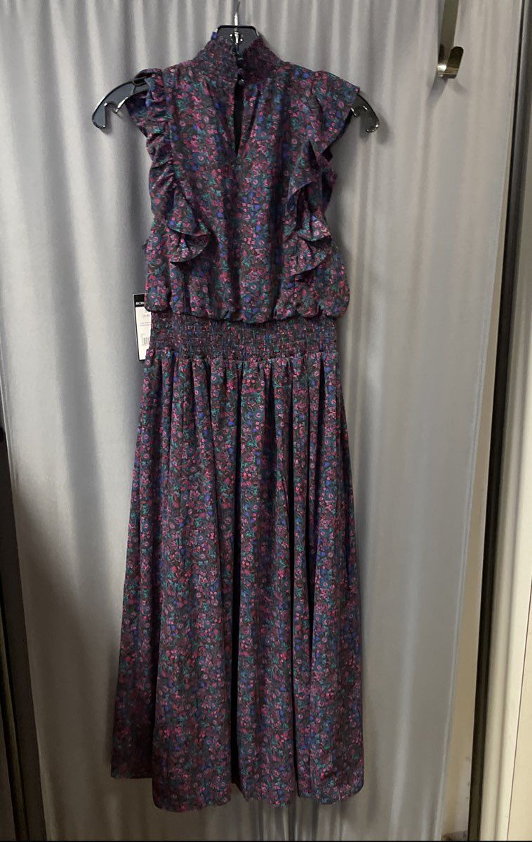 BCBG Paris Women's Black Floral Halter Midi Dress Smocked Waist Ruffle Sz S NWT