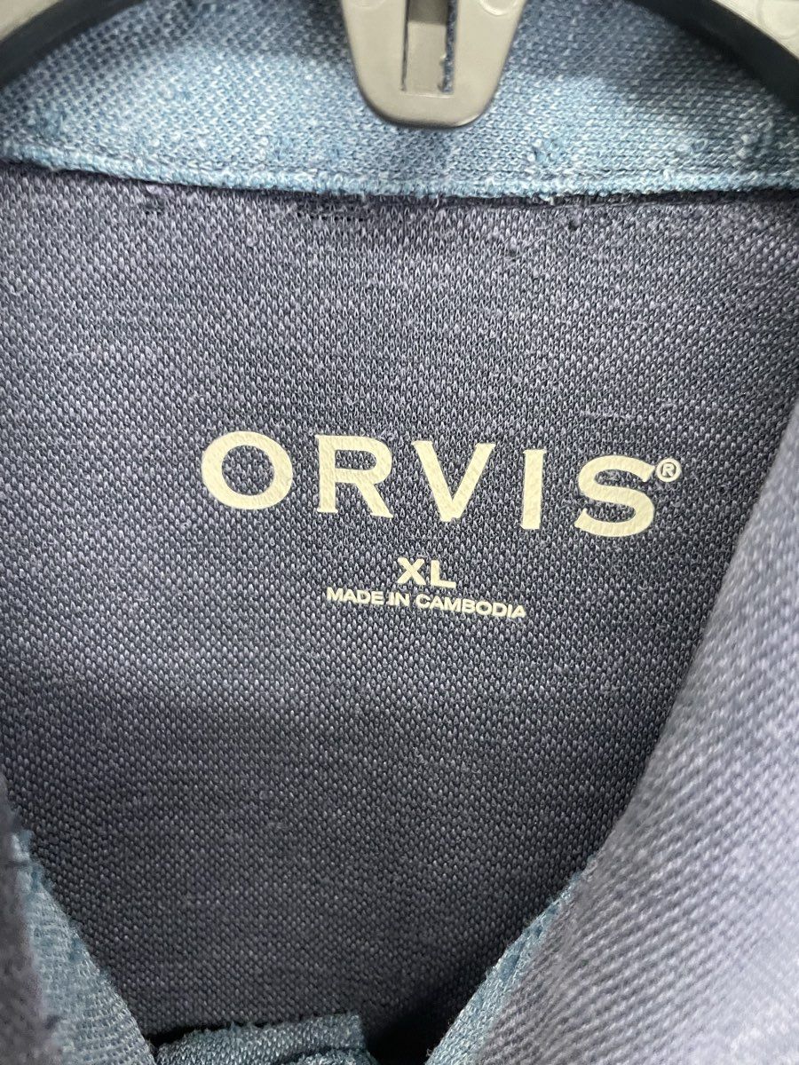 Orvis Men's Short Sleeve Polo Shirt Gray Blue Slub Contrast Stitch Sz XL