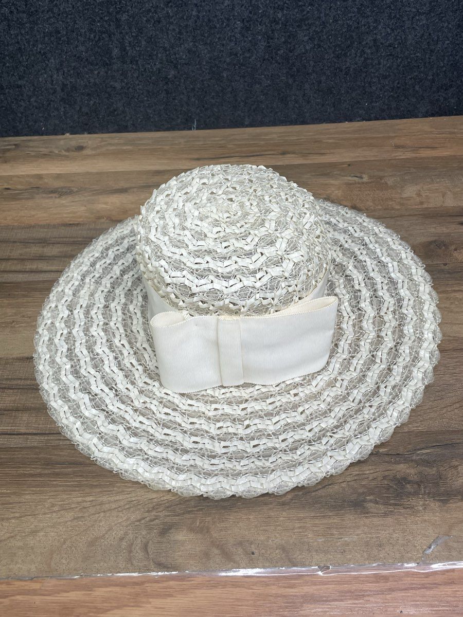 Vintage 60s Phipps New York Paris Wide Brim Woven Straw Sun Hat with Bow Sz OS