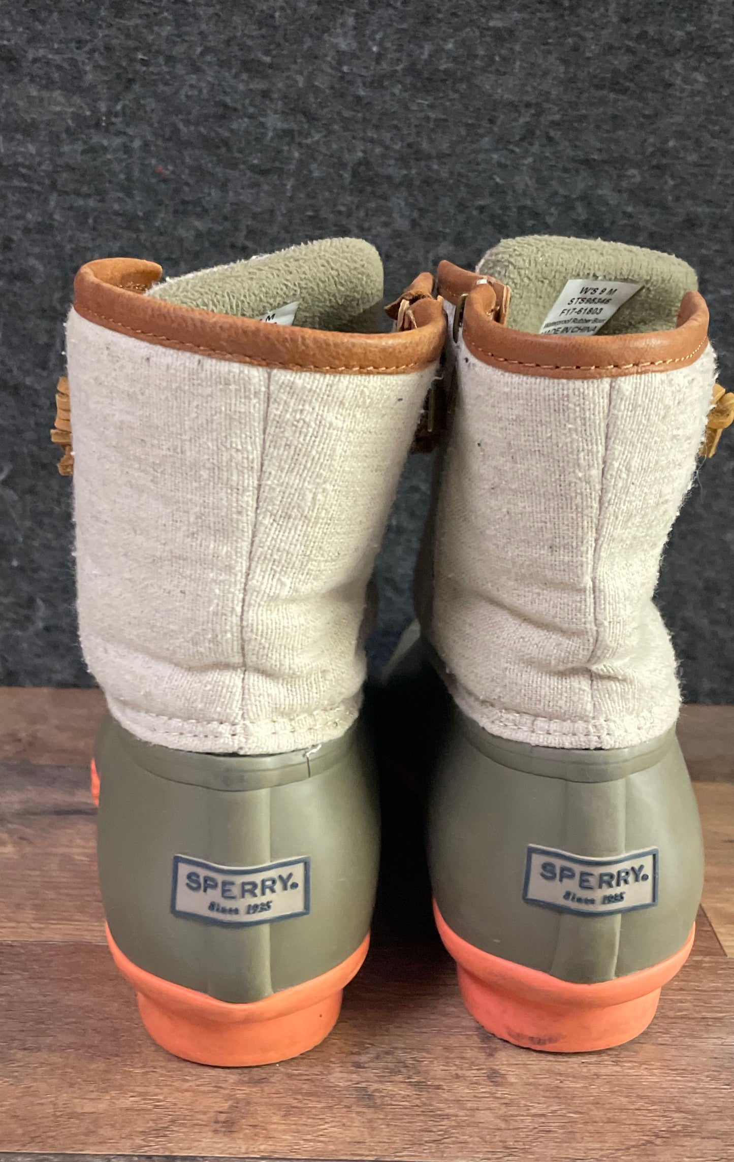 Sperry Saltwater Olive Canvas Orange Waterproof Duck Boots Women's Size 9