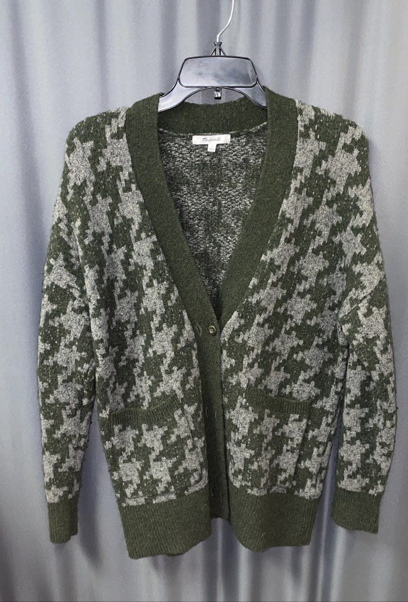 Madewell Women's Green Gray Houndstooth Button Up Cardigan Sweater Size S