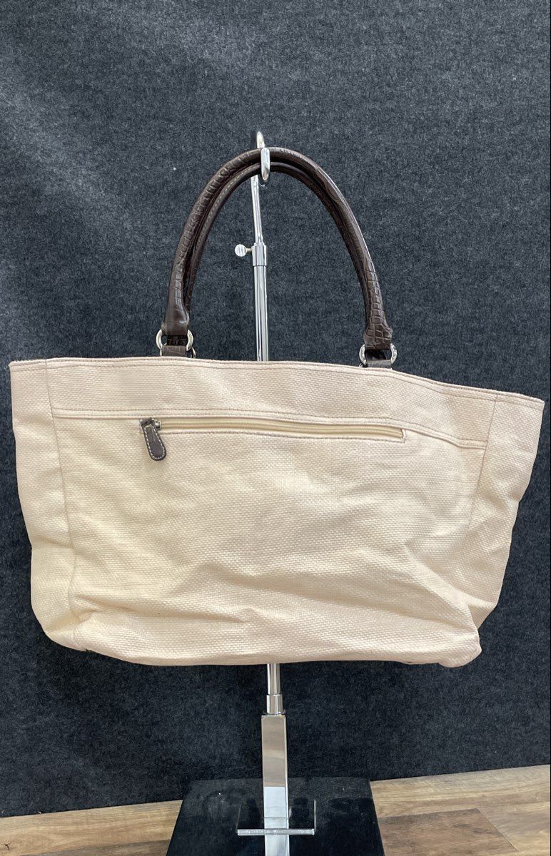 Croft & Barrow Cream Woven Fabric Tote Bag Brown Faux Croc Trim Large