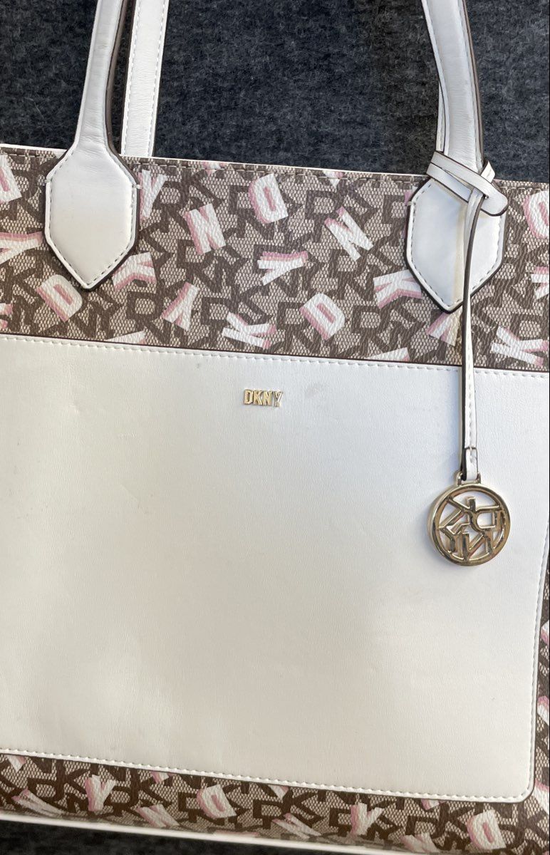DKNY Brown Pink Monogram Logo Tote Bag White Trim Charm Shoulder Handbag
