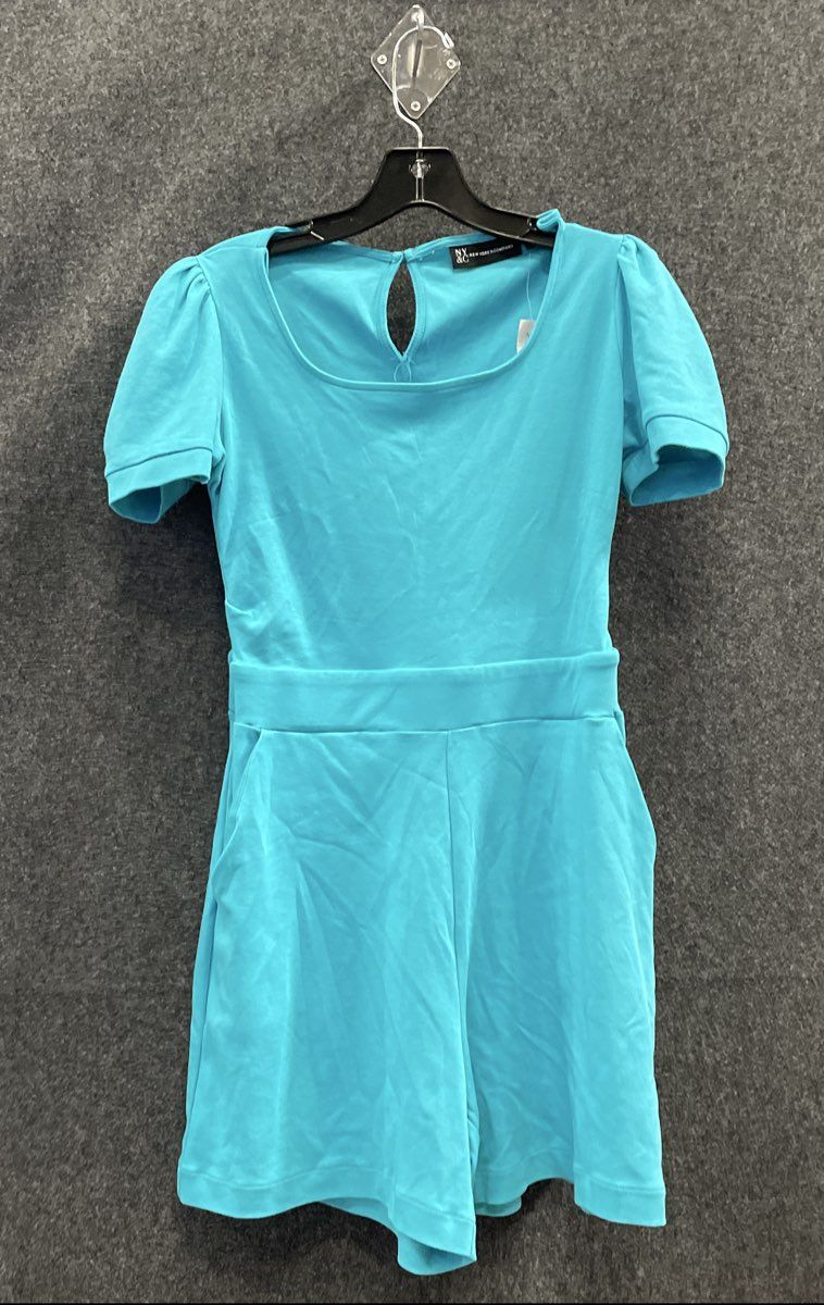 New York & Company Women's Blue Puff Sleeve Romper Keyhole Back Sz XS NWT