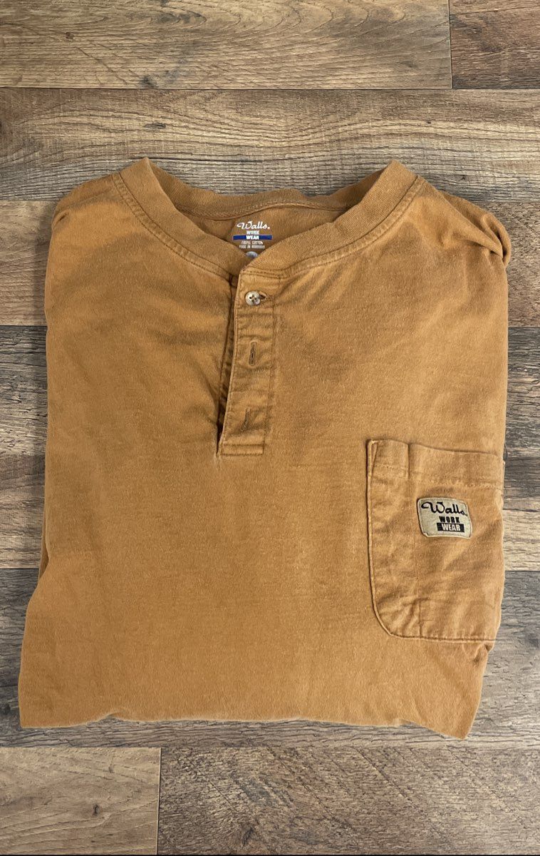 Walls Workwear Henley Long Sleeve Pocket T-Shirt Tan Cotton Sz XXL