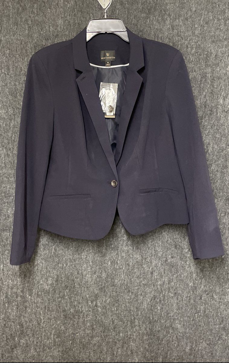 Worthington Women's Navy Blue Single Button Stretch Career Office Blazer Sz XL