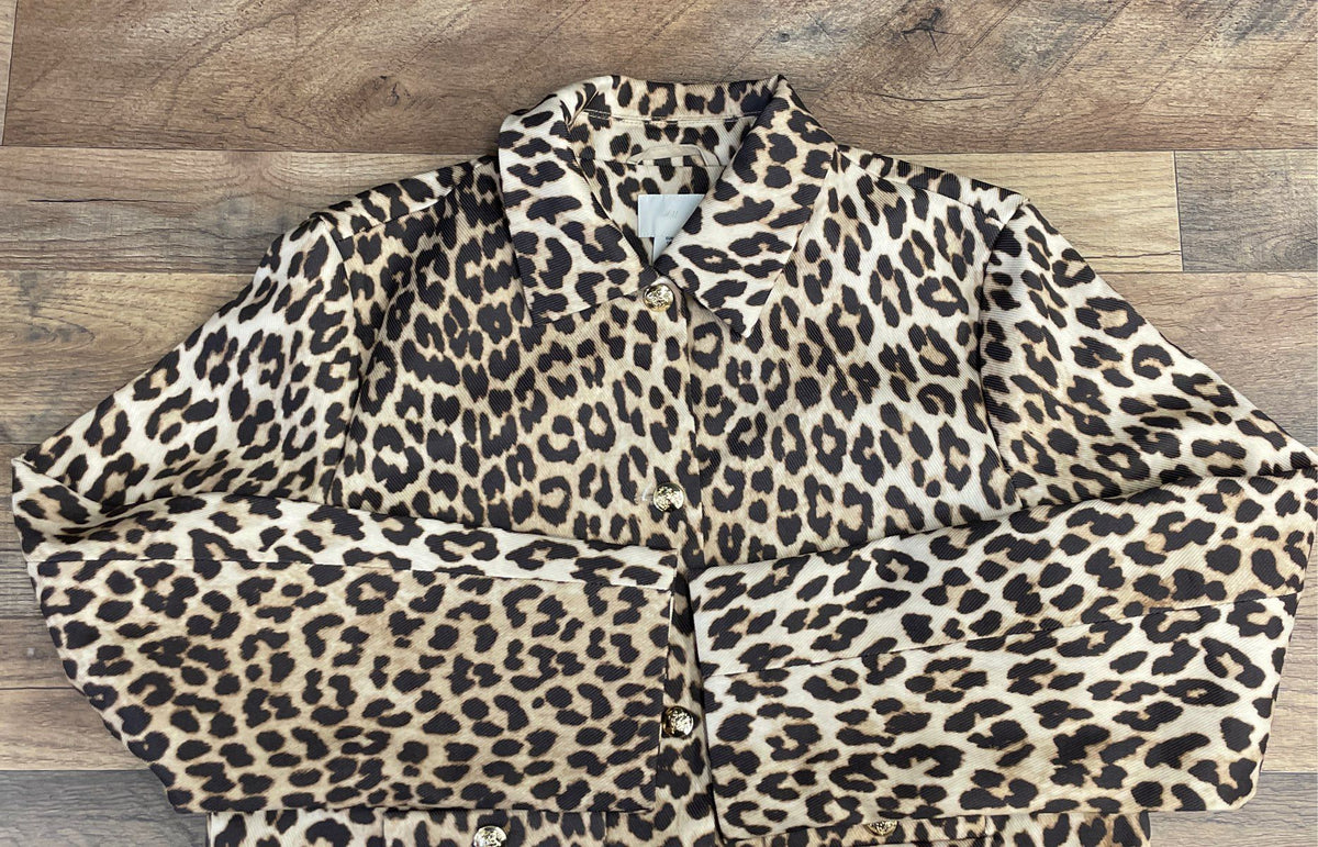 H&M Women's Leopard Print Cropped Jacket Gold Buttons NWT Sz M