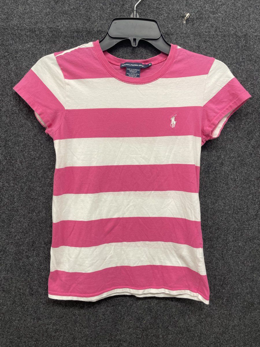 Ralph Lauren Sport Women's Pink White Striped Crew Neck Pony Logo T-Shirt Sz M
