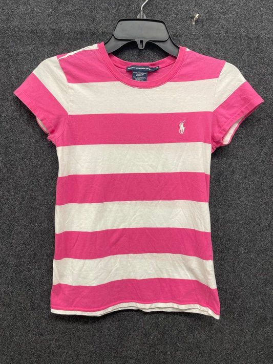 Ralph Lauren Sport Women's Pink White Striped Crew Neck Pony Logo T-Shirt Sz M