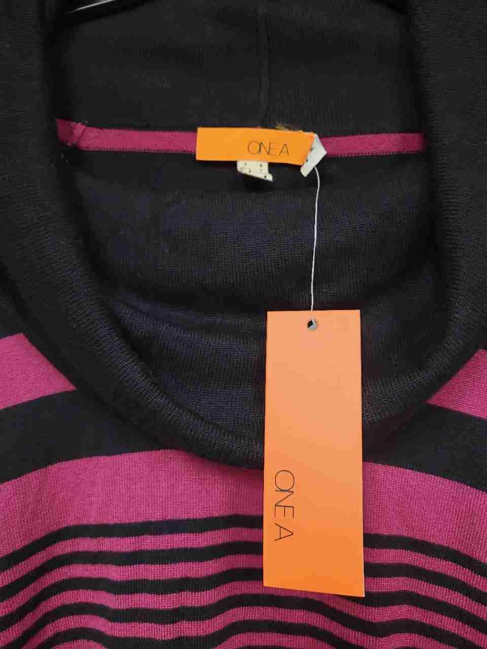 One A Women's Cowl Neck Sweater Black Punkberry Pink Striped Ruched NWT Sz M