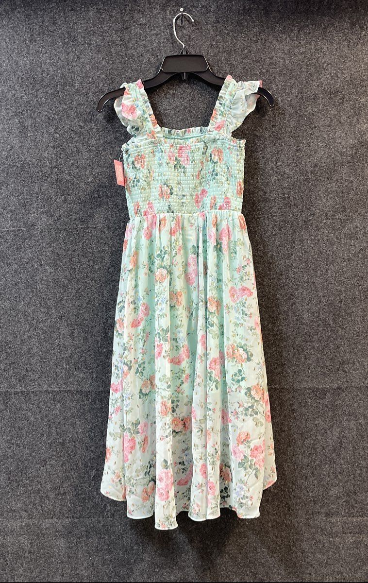 Rare Editions Girls Aqua Floral Smocked Hi-Lo Hem Gold Foil Dress Size 12 NWT