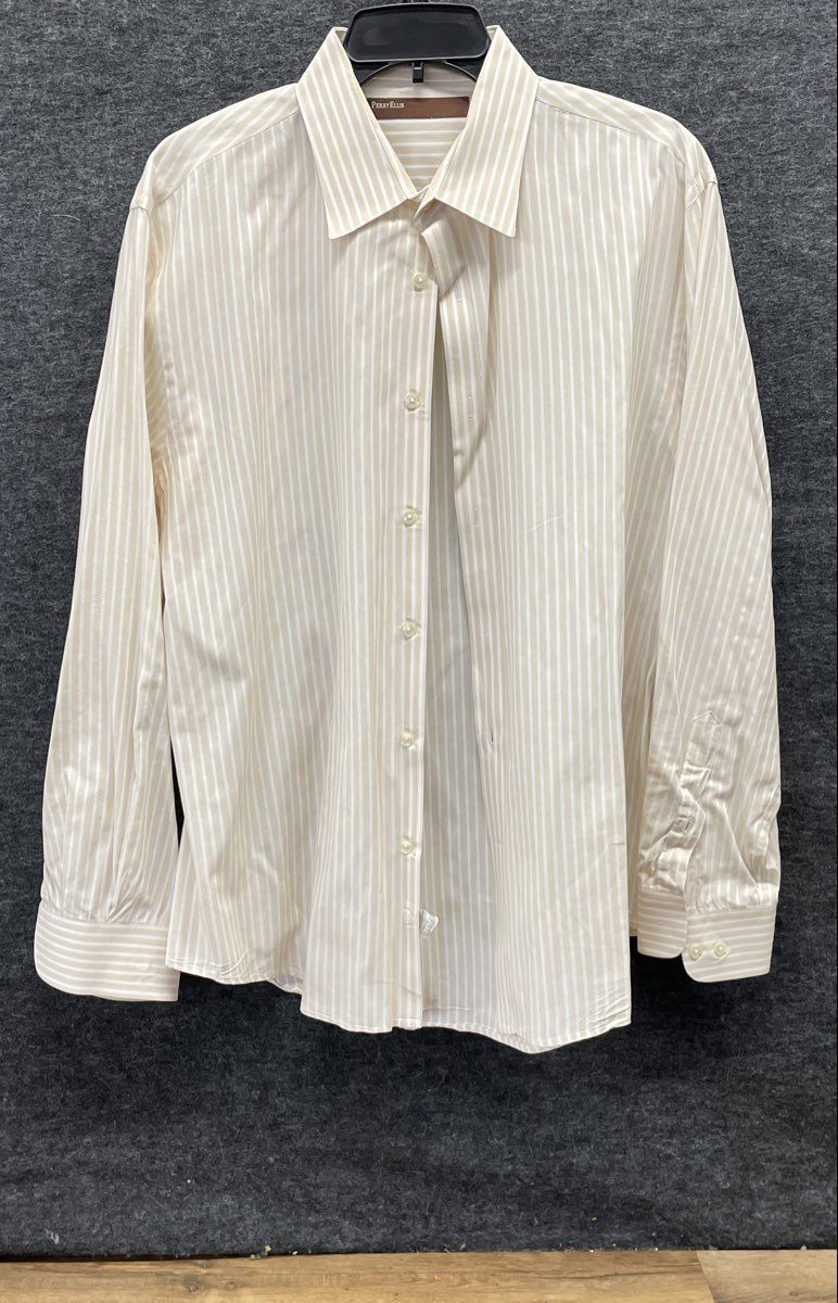 Perry Ellis Men's Dress Shirt Tan White Striped Button Down 100% Cotton Sz XL