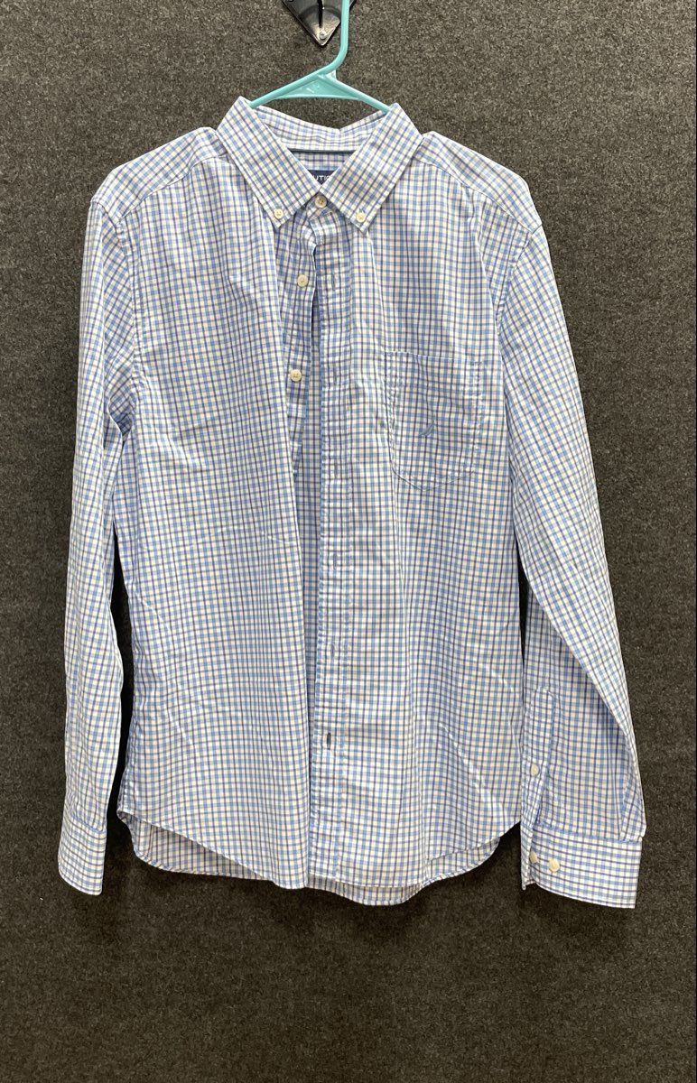 Nautica Men's Blue White Gingham Check Button Down Wrinkle Resistant Shirt Sz L