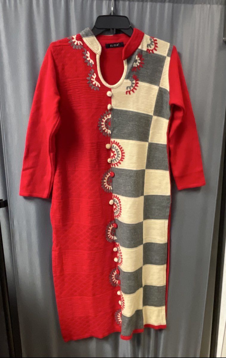 Elisia Women's Red Grey White Colorblock Checkered Knit Sweater Dress Sz M