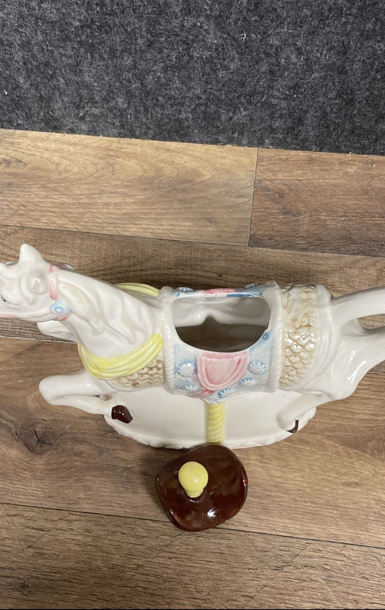 Heritage Mint Carousel Horse Teapot Ceramic Vintage Collectible White Pastel