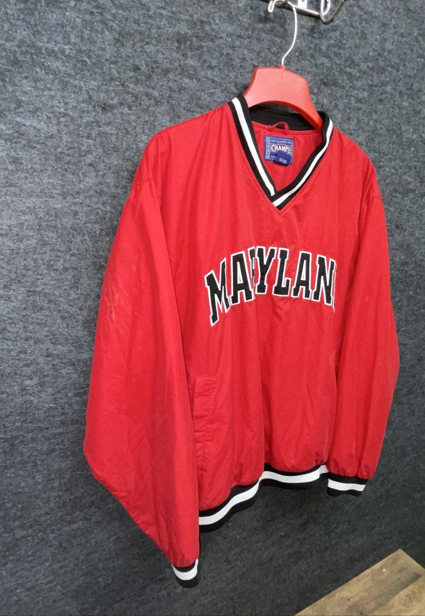 Vintage 90s Champs Sports Men's Maryland Windbreaker Red V-Neck Pullover Sz XL